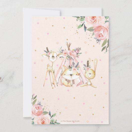 Chic Tribal Woodland Animals Pink Girl Baby shower Kaart (Achterkant)