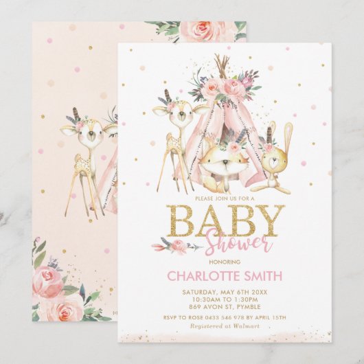 Chic Tribal Woodland Animals Pink Girl Baby shower Kaart (Voorkant / Achterkant)