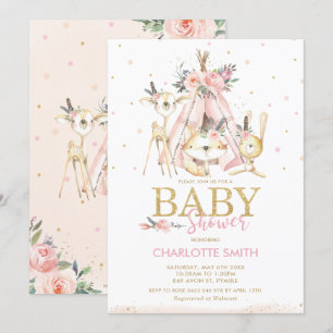 Chic Tribal Woodland Animals Pink Girl Baby shower Kaart
