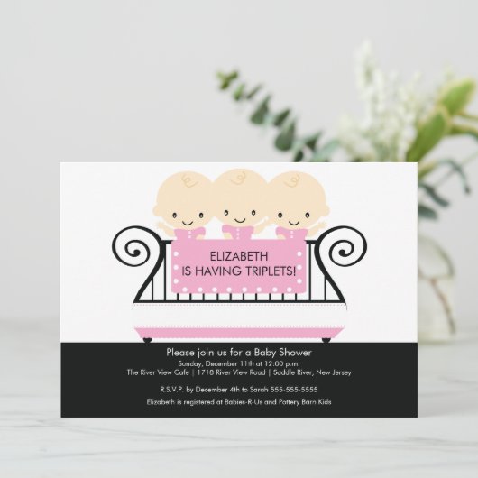 Chic TRIPLETS in de Uitnodiging PInk van het Baby  (Staand voorkant)