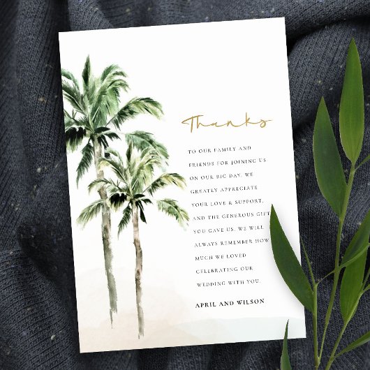 Chic Tropical Beach Palm Trees Waterverf Wedding Bedankkaart