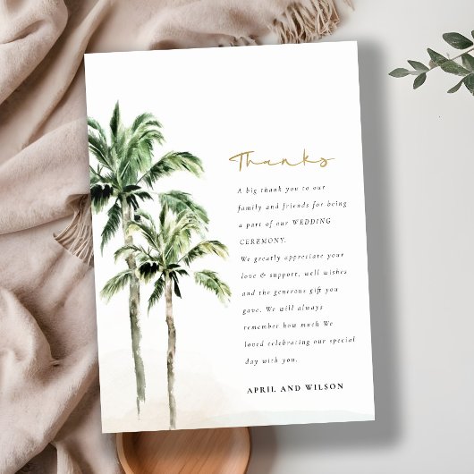Chic Tropical Beach Palm Trees Waterverf Wedding Bedankkaart