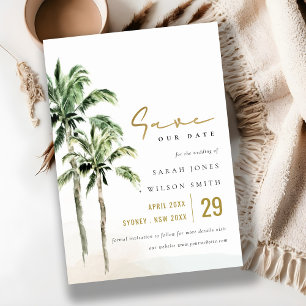 Chic Tropical Beach Palm Trees Waterverf Wedding Save The Date