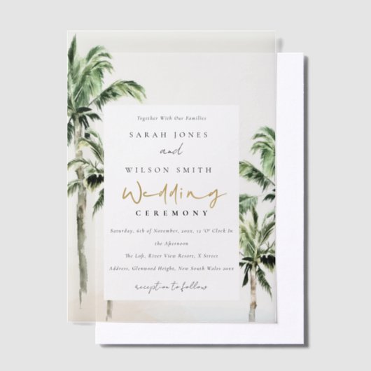 Chic Tropical Beach Palm Trees Waterverf Wedding Vellum Uitnodigingen (Offset)