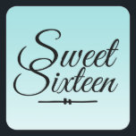 Chic Tropical Blauw Ombre Sweet 16 16e Verjaardag Vierkante Sticker<br><div class="desc">Een chic tropisch blauw ombre ontwerp Sweet 16 verjaardags enveloppe zegel om uw uitnodigingsenveloppen of 16e verjaardagsfeest cadeautjes mee af te sluiten. De heldere zeeschelpblauw vervaagt naar een witte achtergrond. De tekst "Sweet Sixteen" in zwart is gezet in modern script. Elegante 16e verjaardagsfeest stickers voor een glamoureuze Sweet Sixteen, perfect...</div>