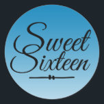 Chic Tropical Blue Ombre Sweet 16 16th Birthday Ronde Sticker<br><div class="desc">Een chic tropical blue ombre design Sweet 16 verjaardagsenvelopverzegeling om je uitnodigingsenveloppen te verzegelen of 16-jarige verjaardagsfeestjes. Het heldere Ibiza blauw vervaagt op een witte achtergrond. De tekst "Sweet Sixteen"in zwart wordt geplaatst in modern manuscript. Elegant 16e verjaardagsfeest stickers voor een glamoureuze Sweet Sixteen, perfect voor haar, de fashionista die...</div>