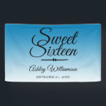Chic Tropical Blue Ombre Sweet 16 16th Birthday Spandoek<br><div class="desc">Een chique tropisch blauw ombre ontwerp Sweet 16 verjaardag feestbanner. Het helderblauwe vervaagt naar een witte achtergrond. De tekst "Sweet Sixteen" in het zwart is geschreven in modern schrift. Elegante 16e verjaardagsfeestbanner voor een glamoureuze Sweet Sixteen, perfect voor haar, de fashionista die houdt van modern patroon, luxe en glam met...</div>