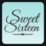 Chic Tropical Blue Ombre Sweet 16 16th Birthday Vierkante Sticker<br><div class="desc">Een chic tropical blue ombre design Sweet 16 verjaardagsenvelopverzegeling om je uitnodigingsenveloppen te verzegelen of 16-jarige verjaardagsfeestjes. Het heldere zee granblauw vervaagt op een witte achtergrond. De tekst "Sweet Sixteen"in zwart wordt geplaatst in modern manuscript. Elegant 16e verjaardagsfeest stickers voor een glamoureuze Sweet Sixteen, perfect voor haar, de fashionista die...</div>