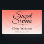 Chic Tropical Coral Ombre Sweet 16 16th Birthday Spandoek<br><div class="desc">Een chic tropical coral ombre design Sweet 16 verjaardagsbanner. Het heldere koraal vervaagt op een witte achtergrond. De tekst "Sweet Sixteen"in zwart wordt geplaatst in modern manuscript. Elegant 16e verjaardagsbanner voor een glamoureuze Sweet Sixteen, perfect voor haar, de fashionista die van modern patroon houdt, luxe en glam met een strandthema....</div>