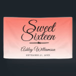 Chic Tropical Coral Ombre Sweet 16 16th Birthday Spandoek<br><div class="desc">Een chic tropical coral ombre design Sweet 16 verjaardagsbanner. Het heldere koraal vervaagt op een witte achtergrond. De tekst "Sweet Sixteen"in zwart wordt geplaatst in modern manuscript. Elegant 16e verjaardagsbanner voor een glamoureuze Sweet Sixteen, perfect voor haar, de fashionista die van modern patroon houdt, luxe en glam met een strandthema....</div>