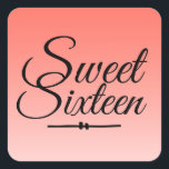 Chic Tropical Coral Ombre Sweet 16 16th Birthday Vierkante Sticker<br><div class="desc">Een chique tropische koraal ombre ontwerp Sweet 16 verjaardag envelop afdichting om uw uitnodiging enveloppen of 16e verjaardag feestgunsten te verzegelen. Het heldere koraal vervaagt op een witte achtergrond. De tekst "Sweet Sixteen" in het zwart is geschreven in modern schrift. Elegante 16e verjaardagsfeestjes stickers voor een glamoureuze Sweet Sixteen, perfect...</div>