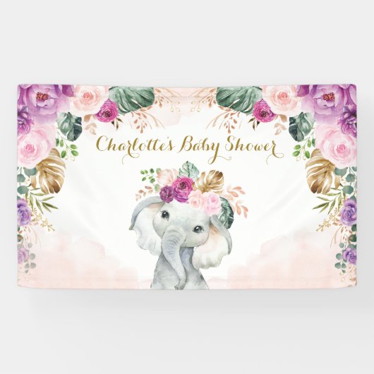 Chic Tropical Elephant Floral Greenery Baby shower Spandoek (Horizontaal)
