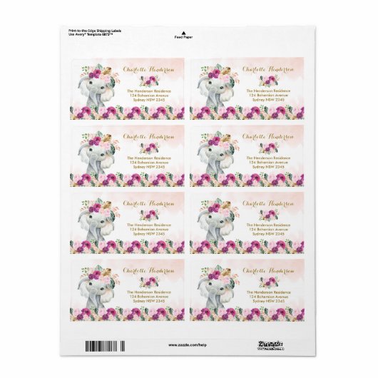 Chic Tropical Elephant Floral Greenery Oerwoud Bab Etiket (Full Sheet)