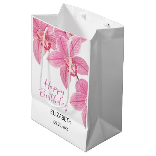 Chic Tropical Floral Roze Orchidee Verjaardag Medium Cadeauzakje (Voorkant Gekanteld)