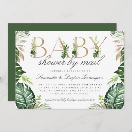 Chic Tropical Greenery Gold Baby shower per post Kaart (Voorkant / Achterkant)