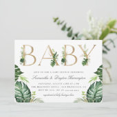 Chic Tropical Greenery Gold Typography Baby shower Kaart (Staand voorkant)