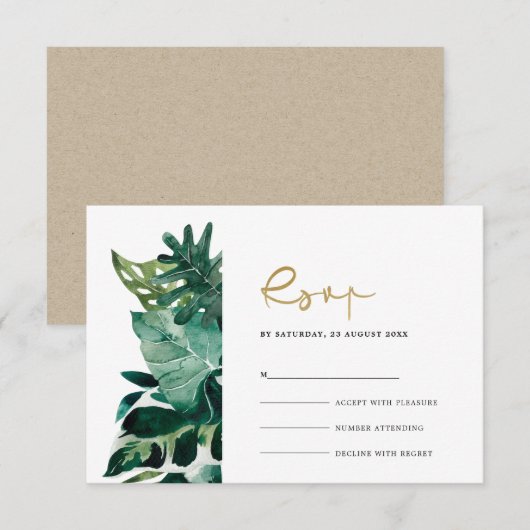 Chic Tropical Monstera Foliage Green Wedding Rsvp Informatiekaartje (Voorkant / Achterkant)