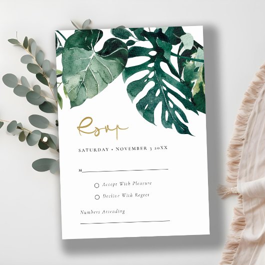 Chic Tropical Monstera Foliage Green Wedding Rsvp Informatiekaartje