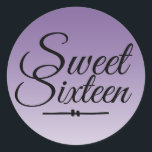 Chic Tropical Paars Ombre Sweet 16 16th Birthday Ronde Sticker<br><div class="desc">Een chemische tropische paarse ombre-vormgeving Sweet 16 verjaardagsenvelopverzegeling om je uitnodigingsenveloppen te verzegelen of 16-jarige verjaardagsfeestjes. Het heldere paars vervaagt op een witte achtergrond. De tekst "Sweet Sixteen"in zwart wordt geplaatst in modern manuscript. Elegant 16e verjaardagsfeest stickers voor een glamoureuze Sweet Sixteen, perfect voor haar, de fashionista die van modern...</div>