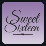 Chic Tropical Paars Ombre Sweet 16 16th Birthday Vierkante Sticker<br><div class="desc">Een chemische tropische paarse ombre-vormgeving Sweet 16 verjaardagsenvelopverzegeling om je uitnodigingsenveloppen te verzegelen of 16-jarige verjaardagsfeestjes. Het heldere paars vervaagt op een witte achtergrond. De tekst "Sweet Sixteen"in zwart wordt geplaatst in modern manuscript. Elegant 16e verjaardagsfeest stickers voor een glamoureuze Sweet Sixteen, perfect voor haar, de fashionista die van modern...</div>