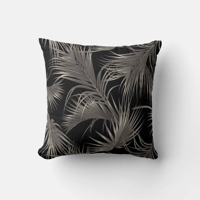 Chic Tropical Palm Fronds Patroon op Zwart Kussen (Voorkant)