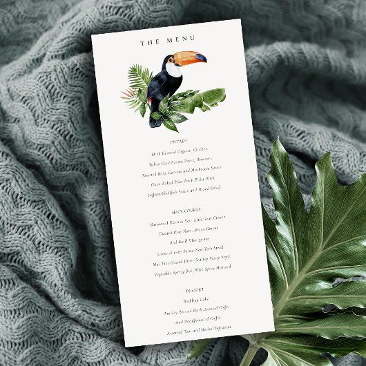 Chic Tropical Rainforest Toucan Wedding Menu Kaart