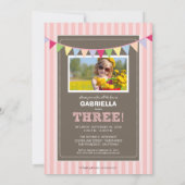 Chic Turning 3 Birthday Party Invitation (roze) Kaart (Achterkant)