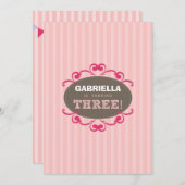 Chic Turning 3 Birthday Party Invitation (roze) Kaart (Voorkant / Achterkant)