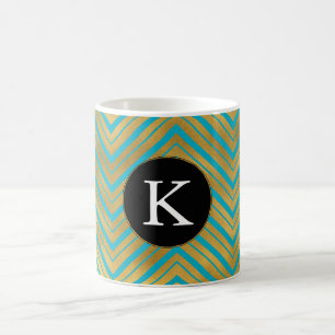 Chic Turquoise Aqua Blue Gold Chevron Monogram Koffiemok
