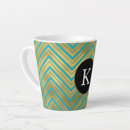 Chic Turquoise Aqua Blue Gold Chevron Monogram Latte Mok (Linkerhoek)
