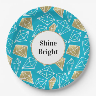Chic Turquoise Aqua Gold Diamonds Glitter verjaard Papieren Bordje