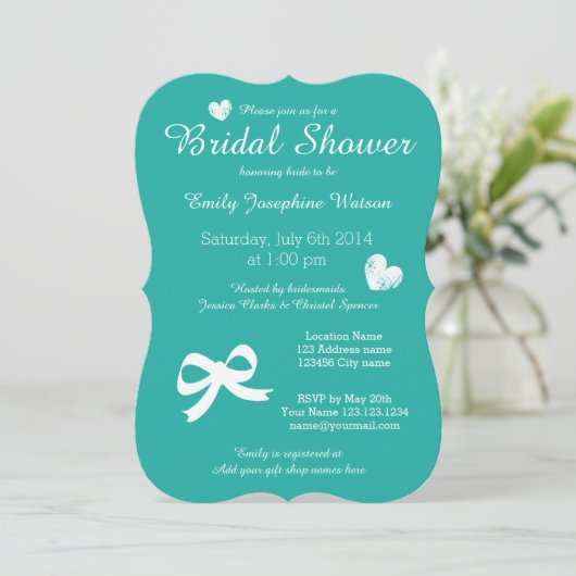 Chic turquoise blue brudal doucheuitnodigingen kaart (Staand voorkant)