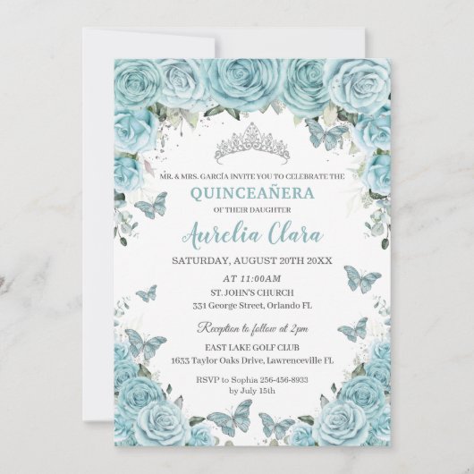 Chic Turquoise Blue Floral Butterflies Quinceañera Kaart (Voorkant)