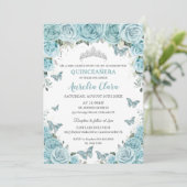 Chic Turquoise Blue Floral Butterflies Quinceañera Kaart (Staand voorkant)