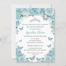 Chic Turquoise Blue Floral Butterflies Quinceañera