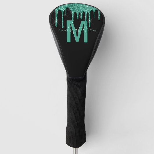 Chic Turquoise Driving Glitter Monogram Naam Golfheadcover (Voorkant)
