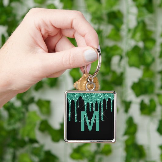 Chic Turquoise Driving Glitter Monogram Naam Sleutelhanger (Hand)