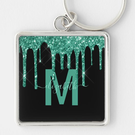 Chic Turquoise Driving Glitter Monogram Naam Sleutelhanger (Voorkant)