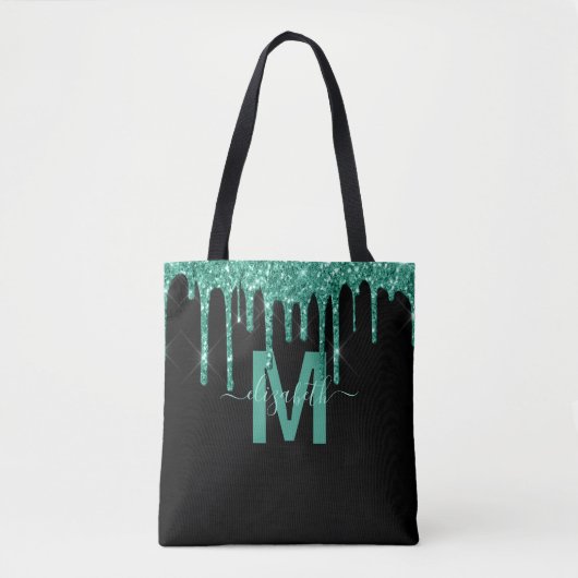 Chic Turquoise Driving Glitter Monogram Naam Tote Bag (Voorkant)