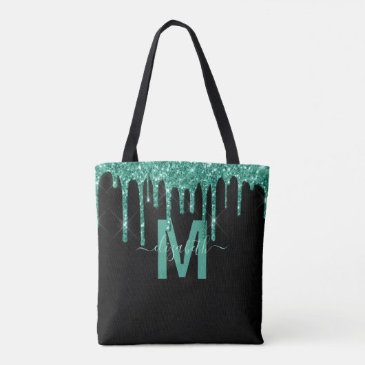 Chic Turquoise Driving Glitter Monogram Naam Tote Bag (Achterkant)