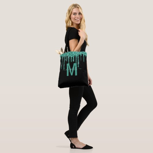 Chic Turquoise Driving Glitter Monogram Naam Tote Bag (Op model)