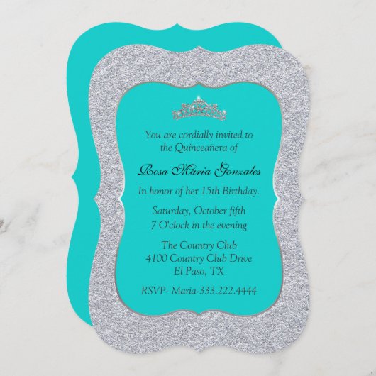 Chic Turquoise en Silver Quinceañera Uitnodiging (Voorkant / Achterkant)