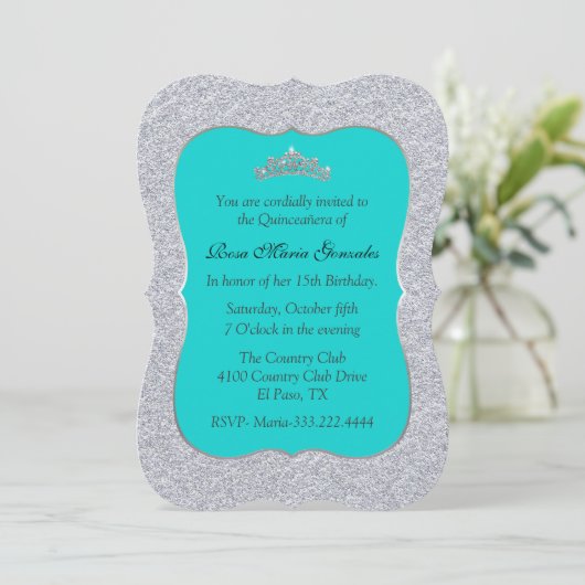 Chic Turquoise en Silver Quinceañera Uitnodiging (Staand voorkant)