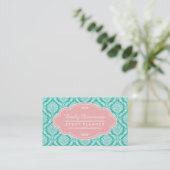 Chic Turquoise French Damask roze Personalized Visitekaartje (Staand voorkant)