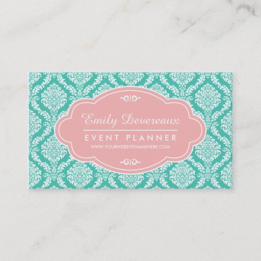 Chic Turquoise French Damask roze Personalized Visitekaartje (Voorkant)