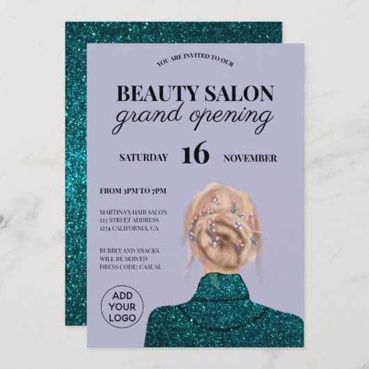 Chic turquoise glitter Beausalon grand opening Kaart (Voorkant / Achterkant)