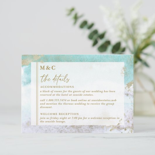 Chic Turquoise Gold Abstracte Waterverf Informatiekaartje (Staand voorkant)