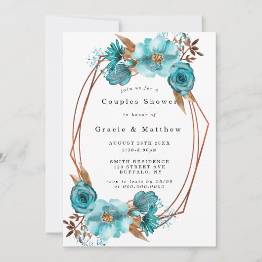 Chic Turquoise Gold Lijst Couples Shower Invites (Voorkant)