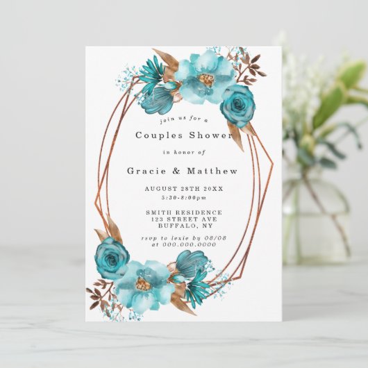Chic Turquoise Gold Lijst Couples Shower Invites (Staand voorkant)