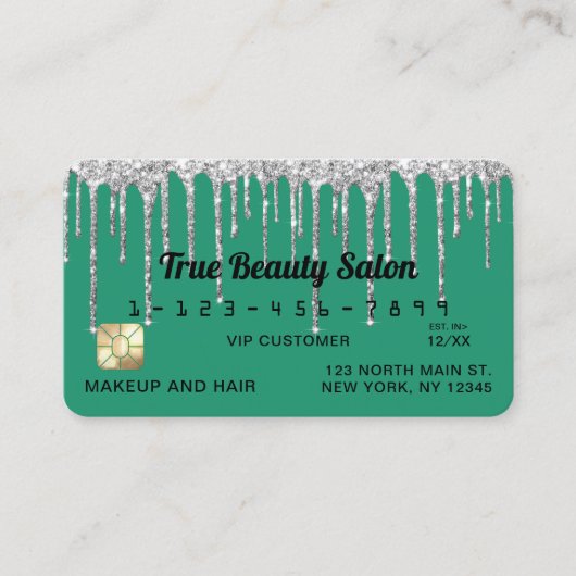 Chic Turquoise Green Silver Glitter Drips Credit Visitekaartje (Voorkant)